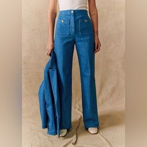 Sézane Blue High-Waist Wide-Leg Jeans with Front Patch Pockets